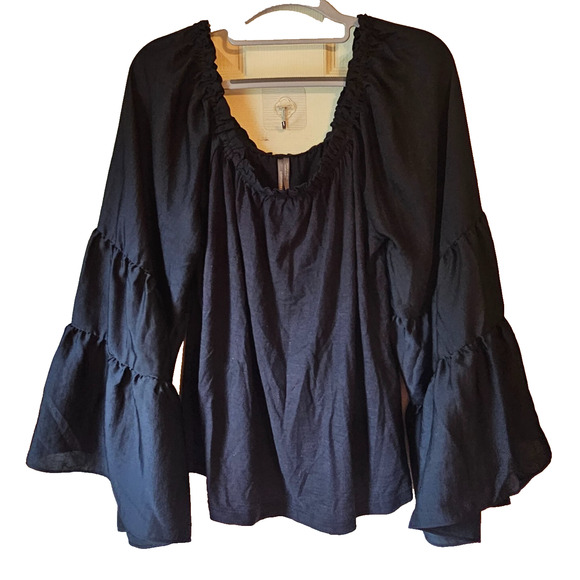 Anthropologie Black Boho Peasant Top M Bell Sleeve Cotton Modal Blouse - Picture 1 of 11
